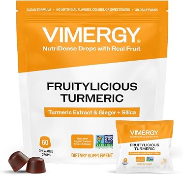 Vimergy NutriDense Fruitylicious Turmeric + Ginger Chewables 300mg Turmeric Extract, 22mg Silica, 10mg Ginger per Serving Vegan, Mobility Support, 30 Servings 60 Count