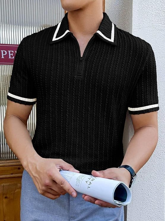 Image of GRECIILOOKS Polo T Shirt for Men | Textured Polo T Shirts for Men | Smart Casual Half Sleeve Mens T-Shirt, Breathable Cotton Knit Collar T Shirts