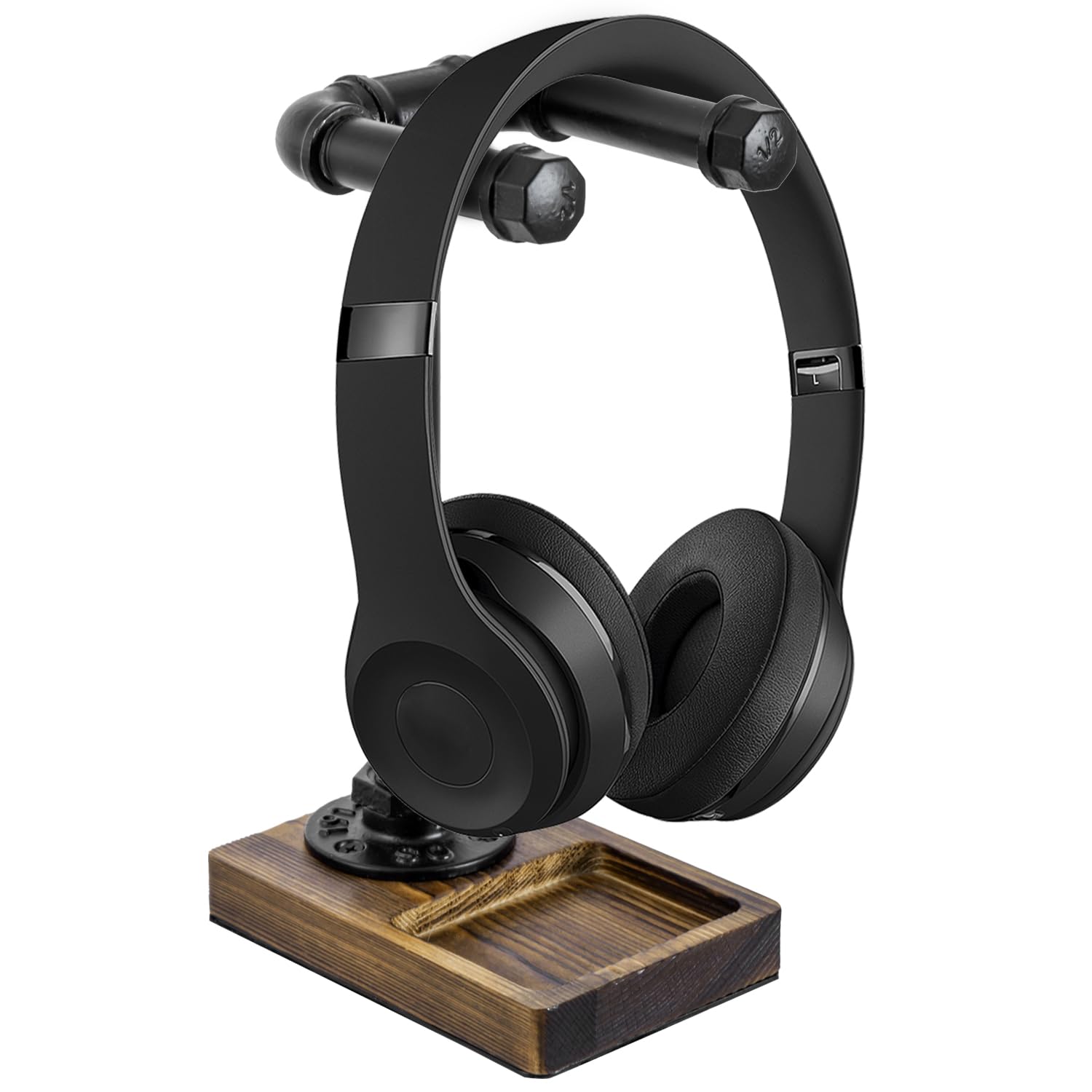 MyGift Headphone Stand, Industrial Black Metal Pipe Universal Desktop Headset Holder with Burnt Solid Wood Tray
