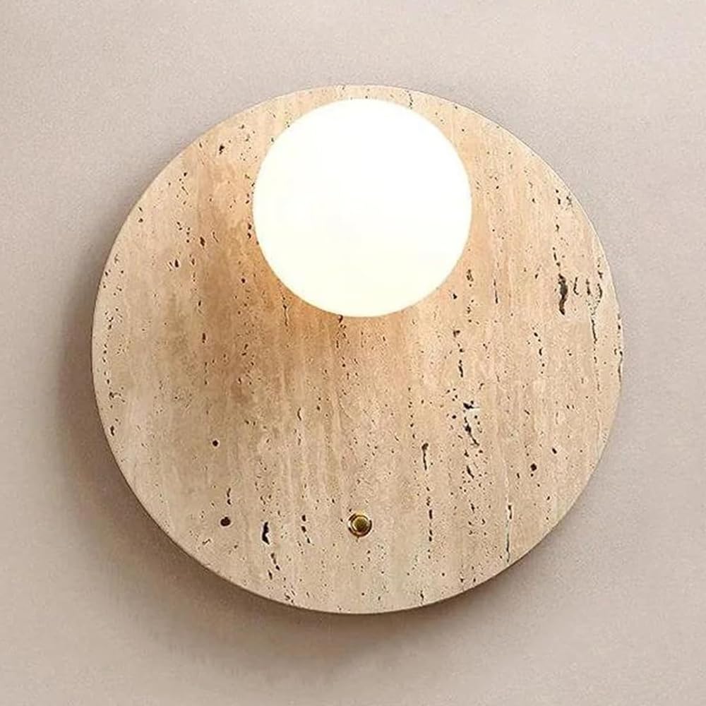 JISHUBO G9 Light Source Spherical Glass Lampshade Wall Light, 11.8 Inch Round Yellow Travertine Wall Lamp, Wabi Sabi Style Wall Sconce, Living Room Balcony Restaurant Wall Mounted Lighting Fixtures