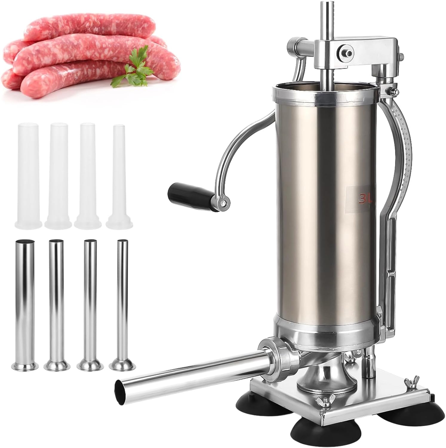 3L Sausage Stuffer with Hand Crank, Vertical Sausage Stuffer Machine Stainless Steel Meat Filling Machine with 8 Tubes, Suction Cup Base for Home Commercial Use