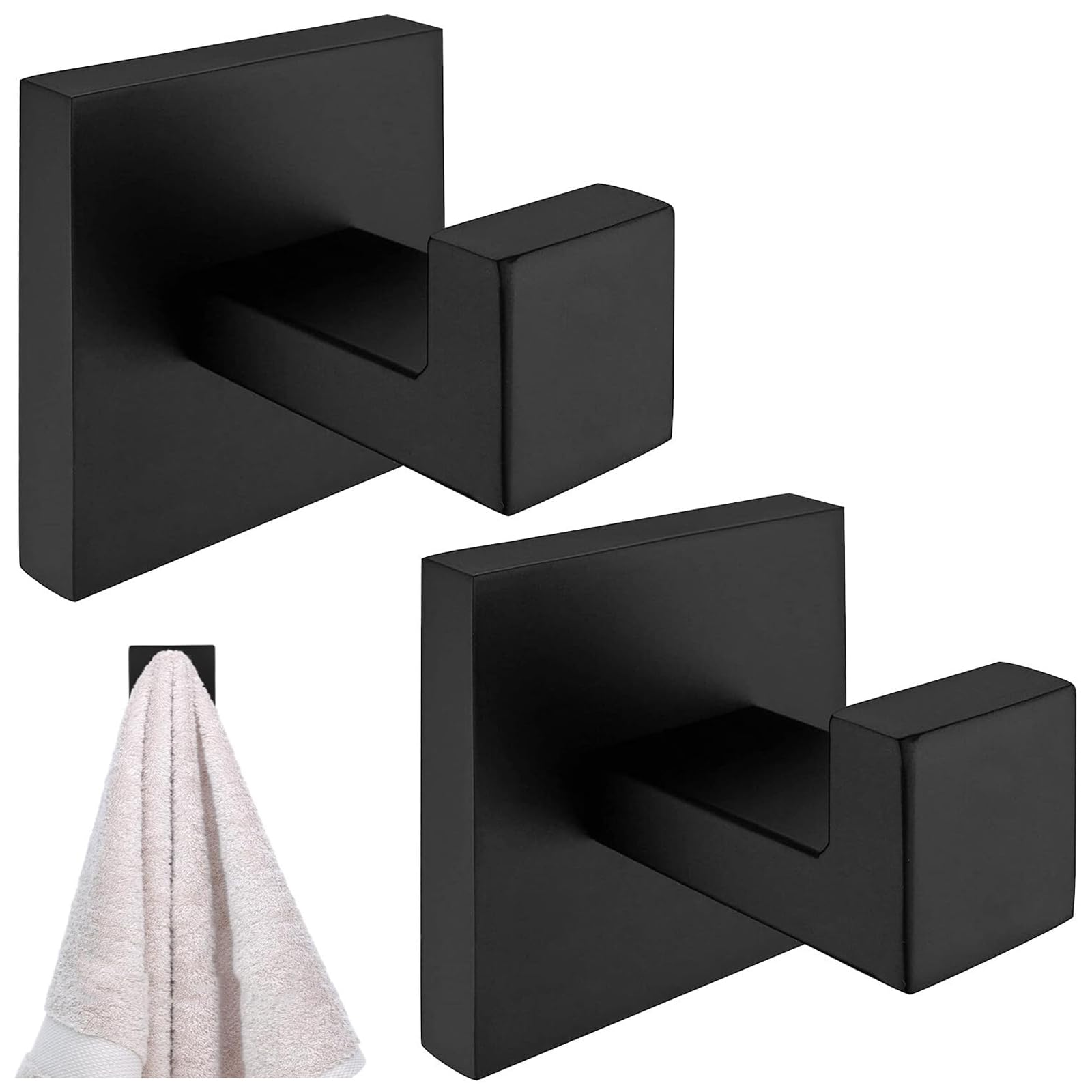 Funngy Square Bathroom Towel Hook,2 PCS Black Heavy Duty Wall and Door Hooks Screw-in Metal Coat Robe Bathroom Towel Hooks for Bath Kitchen Hotel Garage Matte Black Finish
