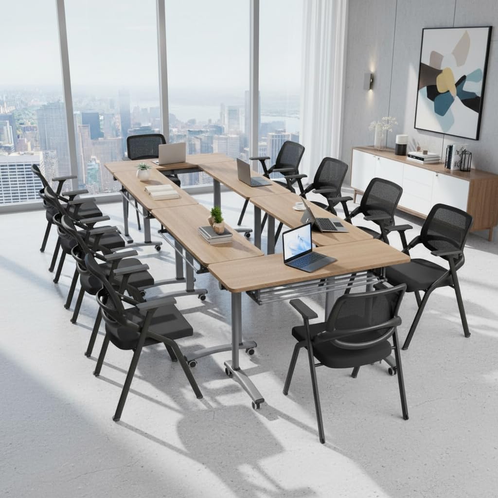 Folding Conference Table with Wheels, Flip Top Conference Room Table, Modular Mobile Training & Meeting Room Table Set, Space Saving Nesting Office Boardroom Desk for 6-12 Person, Set of 2/4/6/8