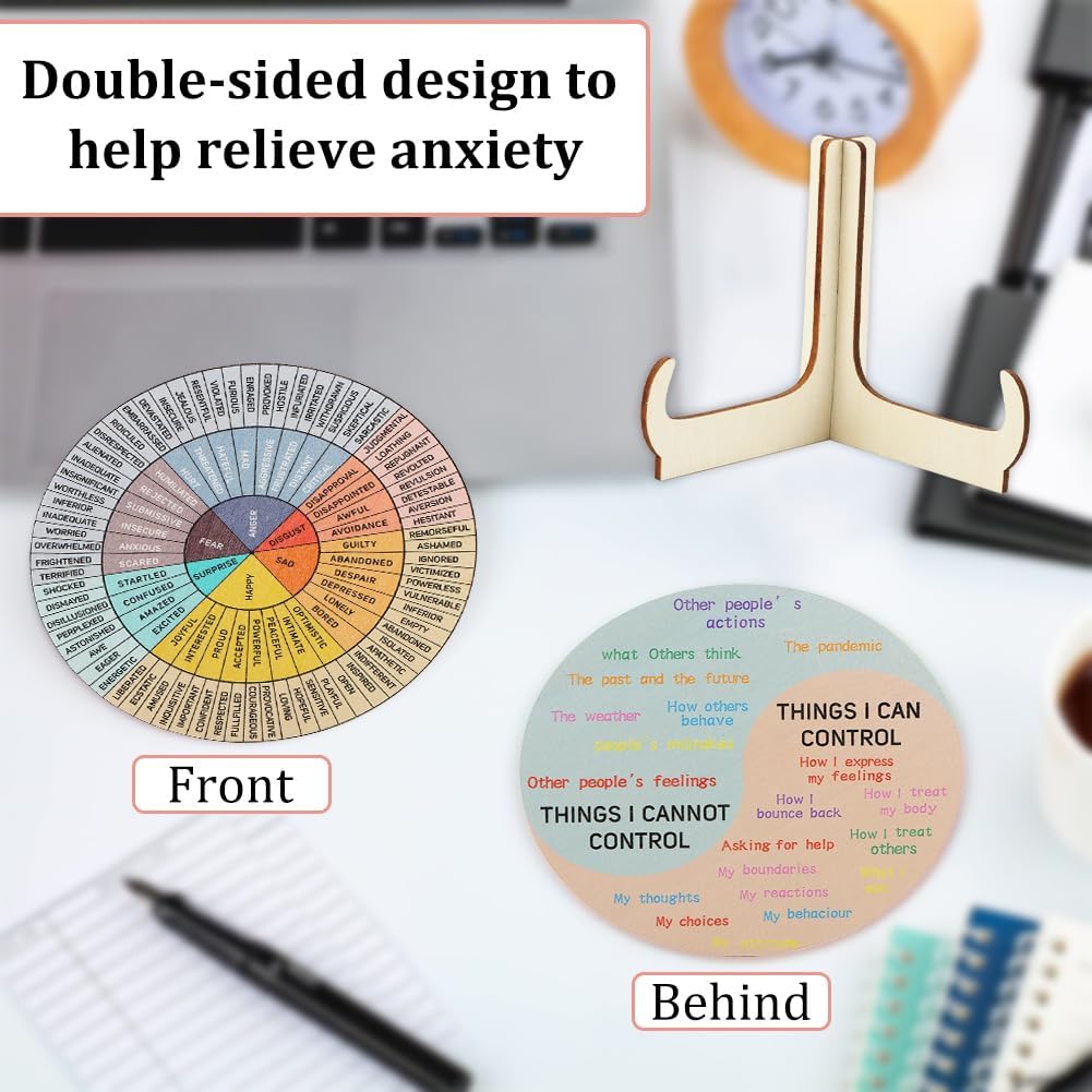 HONUTIGE Feelings Wheel Double Sided Mental Health Emotions Chart, Wooden Mood Wheel Display Plat with Stand Office Decor Therapist Gift for Kid School Counsels Social Worker Women Men - Image 5