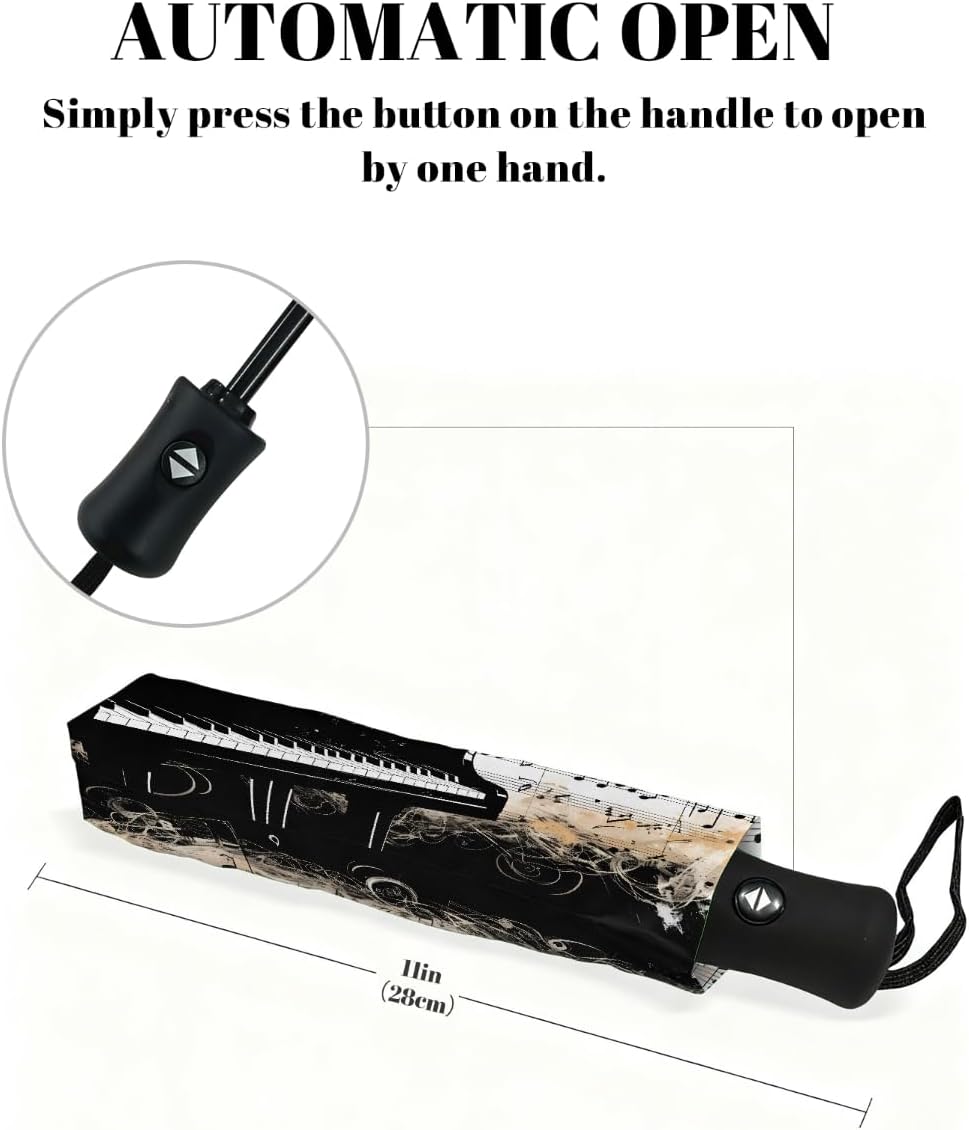 Auto Open Close Umbrella Vintage Music Notes Piano Sun UV Protection Umbrella for Rain Windproof 3 Fold Lightweight Compact Umbrellas for Travel Walking Outdoor