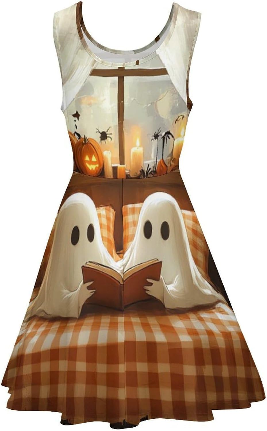 Ghost Reading Book Women's Dresses Round Neck Dress Sleeveless Tank Dress Ruffle Hem Sundress