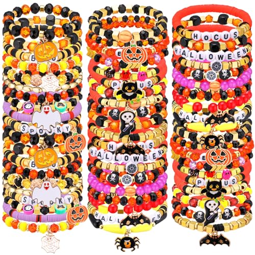 60 Pcs Halloween Bracelets Bulk Beaded Stretch Bracelets with Pumpkin Spider Ghost Witch Web Charms Elastic Layering Halloween Jewelry Stackable Bracelet for Party Jewelry Gifts