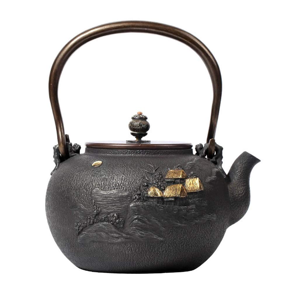 Cast Iron Teapot Gilded Bare Iron Pot Inside and Outside Uncoated Pure Hand-Made Cast Iron Old Iron Pot Kettle Tea (Color : Iron, Size : 21x17cm)
