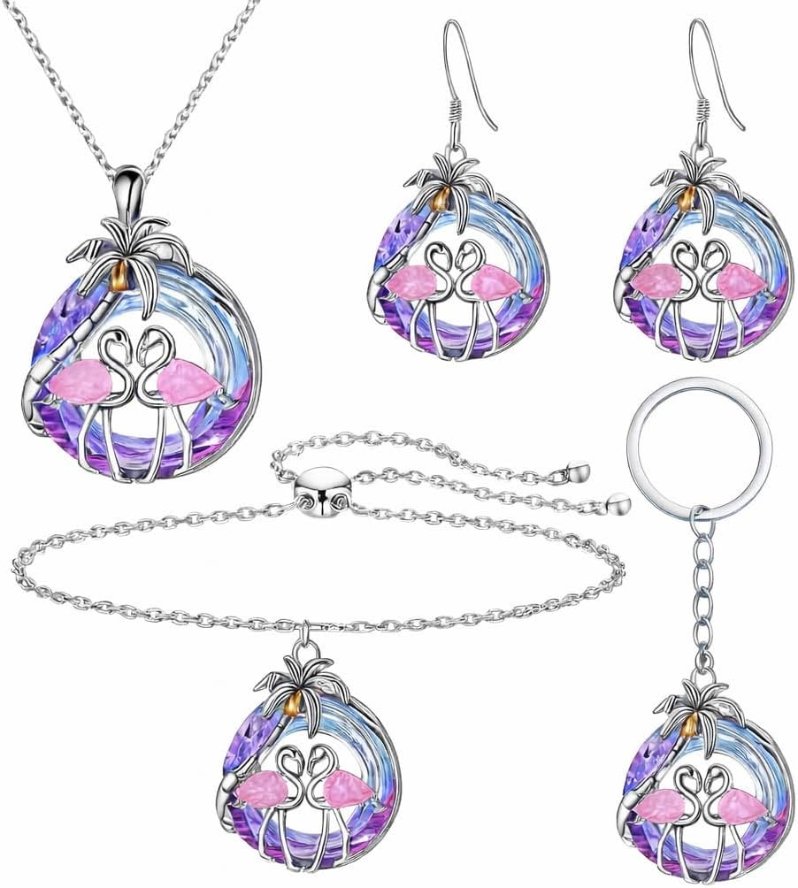 SUPAC Tropical Flamingo Jewelry Set with Necklace, Bracelet, Earrings and Keychain, Pink and Purple Crystal Beach Design, Silver
