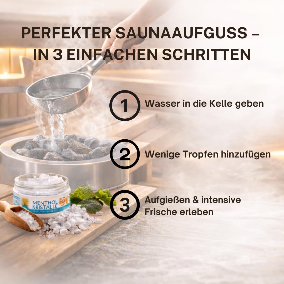 KK Hygiene Saunaaufguss Set „Toskana“ 4 x 100 ml (Eukalyptus, Orange, Zitrone & Pfefferminz) + 50 g Mentholkristalle – Mediterran-frisches Sauna Geschenkset für finnische Sauna & Dampfbad