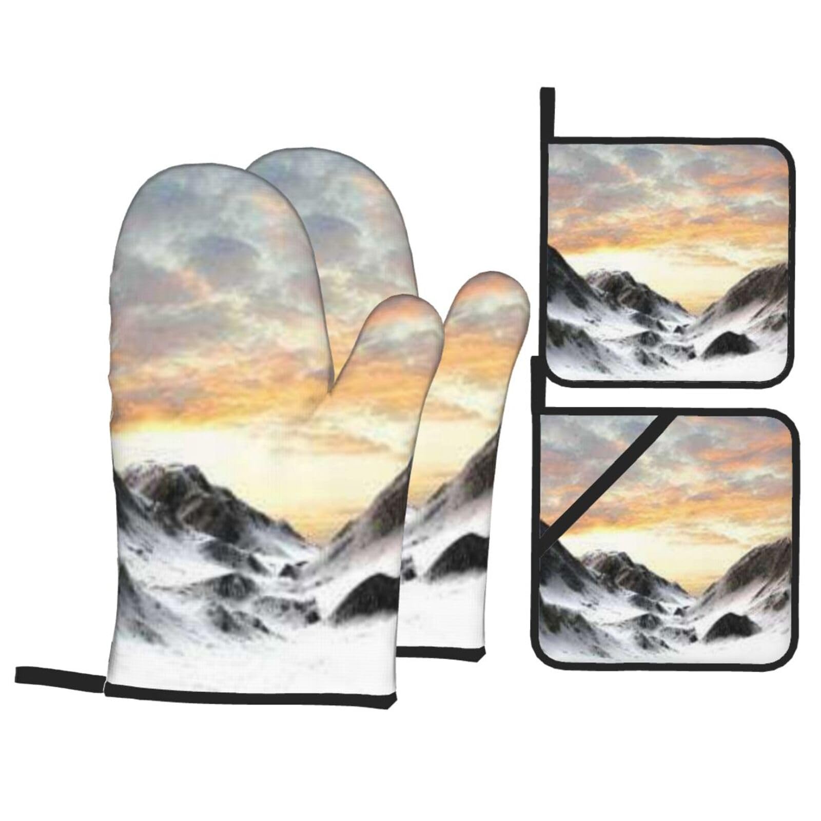 4 Piece Oven Mitts & Handle Covers Set | Snowy Mountains Mountain Peak in Sunset Sunrise Heat Resistant Baking Gloves with Hanging Loops for Grilling