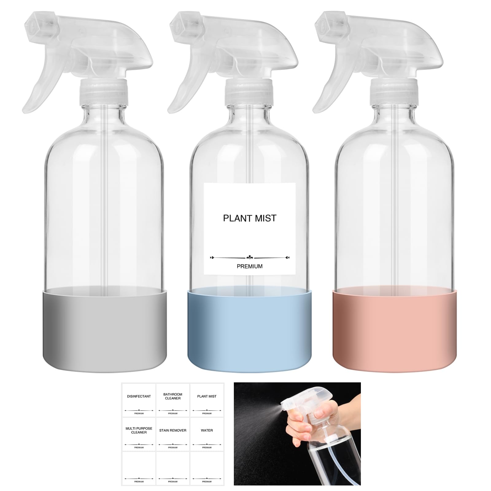 AuroTrends Glass Spray Bottles 16oz 3Pack, Empty for Cleaning, With Silicone Sleeve for Essential Oils, Plants (16fl.oz)