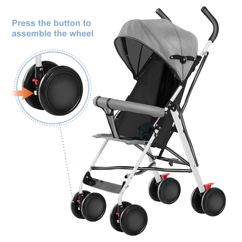 Leichter Kinderwagen, bis zu 30 kg, großer Korb, schnelles Klappsystem, geräumiger Sitz, doppelte Bremse und schwenkbare Vorderräder (grau)