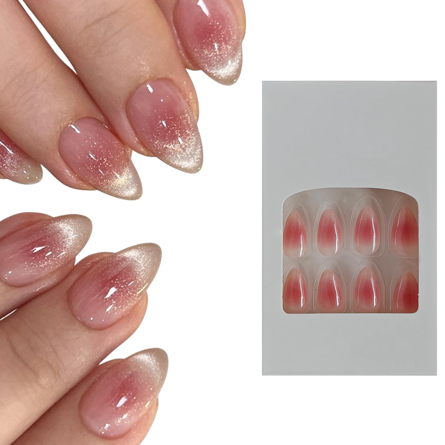 S.A.V.I Reusable Press-On Nails Pink Blush Cat Eye, Medium Almond Shape, Glossy ABS Fake Nails, DIY Stick-On Set with Glue & Tabs, 24 Pcs Box for Women-image-24