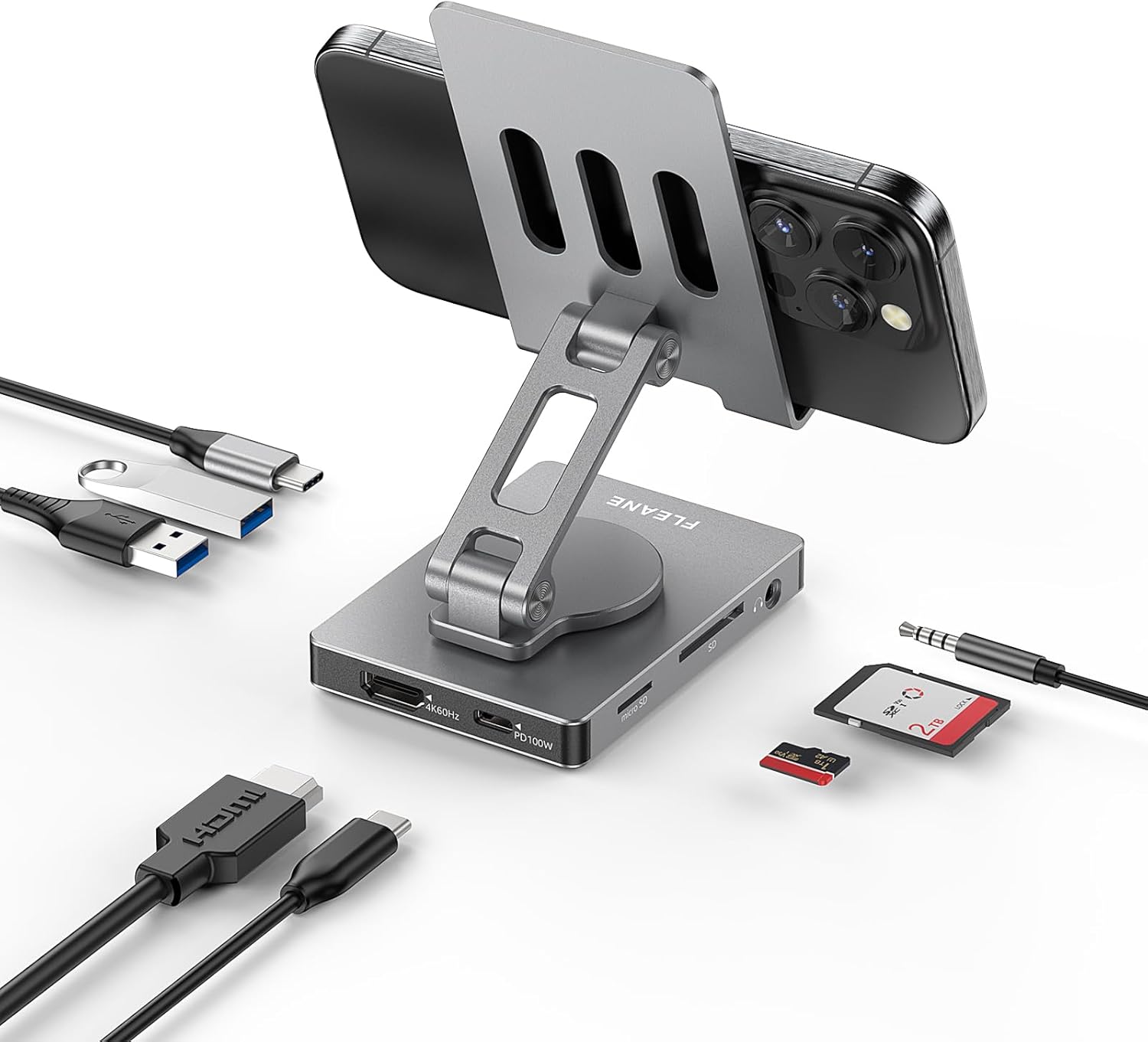 Phone USB C Hub Stand, Adapter for iPhone 15 16 Pro Max Switch Docking Station 4K 60Hz HDMI, SD/TF Card Reader, 3 USB 3.0, 3.5mm Audio, PD100W Charge (ST803)