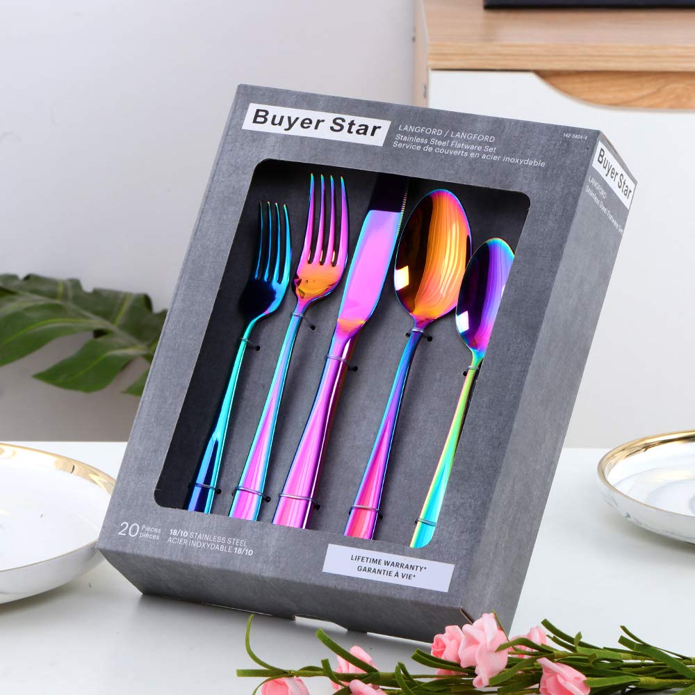 YDware 20-teiliges Besteck-Set, Besteck-Set, Regenbogenfarben, Edelstahl, Besteck, Gabeln, Löffel, Messer, Set für 4 Personen, hochglanzpoliert und spülmaschinenfest
