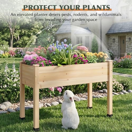 Image of Wood Raised Garden Bed, 48x24x30in Elevated Wooden Planter Box with Legs Standing Growing Bed for Backyard, Patio, Balcony with Bed Liner, 200 Pound Capacity