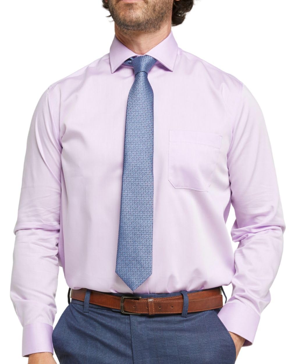 Double Two Men's Lilac Long Sleeve Shirt Slim Fit Formal Button Down Cotton Smart Causal Dress Shirt - 17.5" Collar