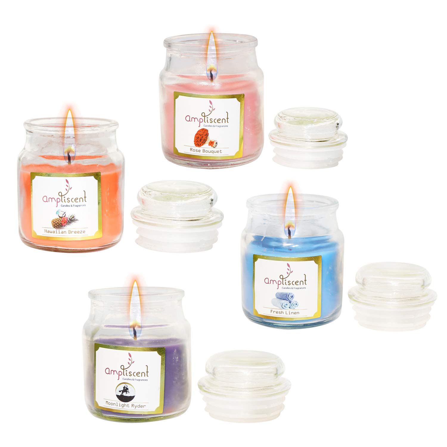 Scented Candles Natural Soy Wax, Portable Glass Candles with Fragrance Essential Oils for Relief and Aromatherapy - Pack of 4 (Moonlight Ryder, Hawaiian Breeze, Fresh Linen, Rose Bouquet)