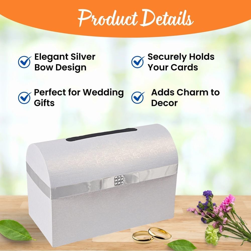 Fun Express Silver Bow Wedding Card Box - Classic style with elegant ribbon - Reception Gift Holder