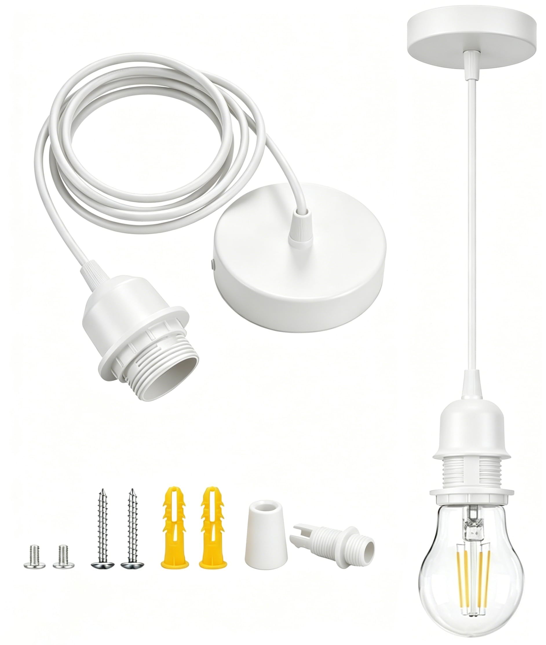 Bravsekai White Pendant Light Fitting Kit Industrial, E27 Socket Adjustable Hanging Pendant Light, Vintage Edison Retro Ceiling Lamp Cord Fixture for Kitchen Island Hallway Dining Room