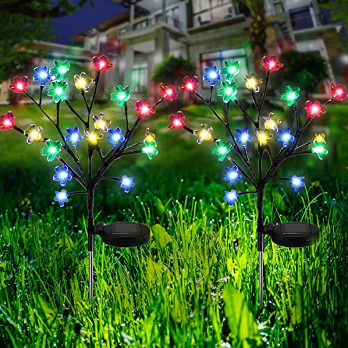 Rirool Solar Lights Outdoor Decorative Solar Garden Lights, 2Pack Beautiful 20 LED Fairy Flower Lights, Solar Powered Outdoor Lights Multi-Color Yard Lights for Walkway Patio Yard Garden Lawn