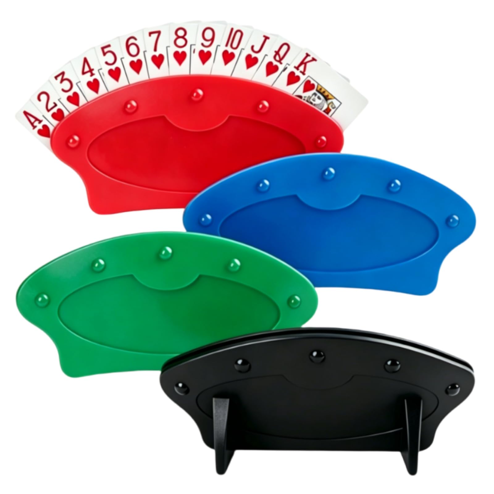 SEETOOOGAMES Set mit 4 Kartenhalterungen in 4 Farben: Rot, Grün, Schwarz und Blau.