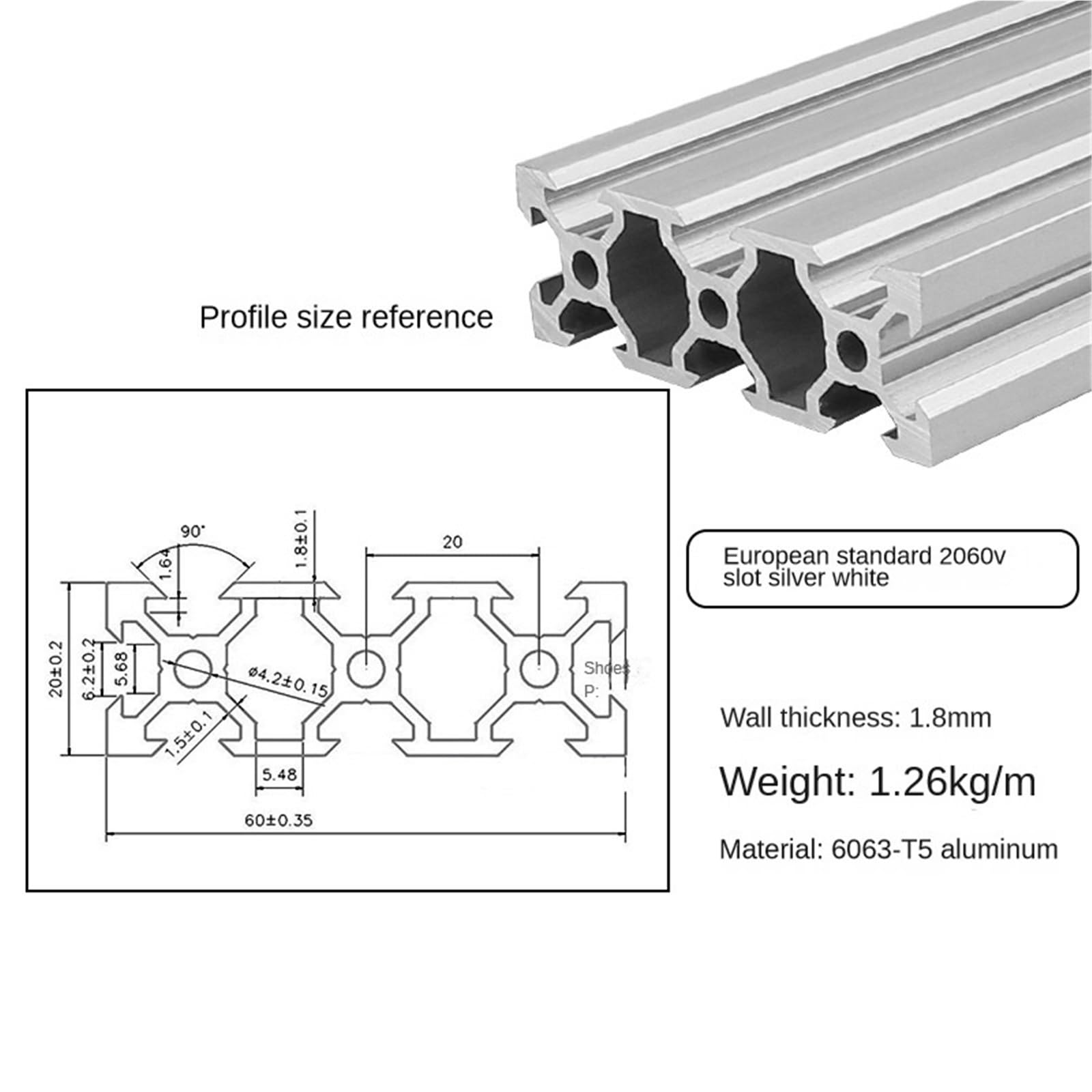 1Pcs 2020 2020N2 2040 2060 2080 20100 4040 4040N2 4080 V Slot Aluminium Profil Eloxiertem Extrudiertem for CNC DIY 3D Drucker(2060V,330mm)