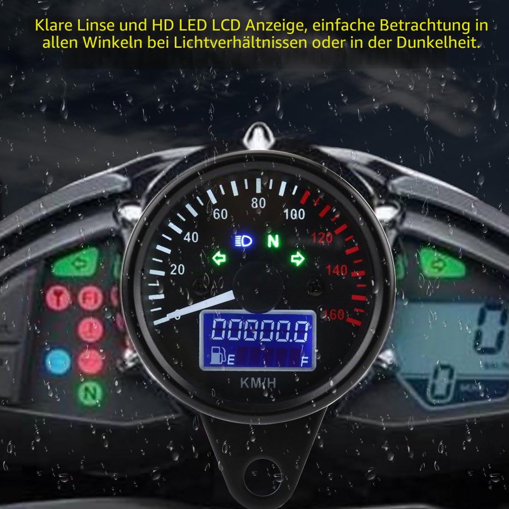 Qiilu Universal Tacho Motorrad, Universale 0~160 KM/H Moto Digitale LED LCD Tachimetro Tachimetro Velocità Calibro Retro Nero