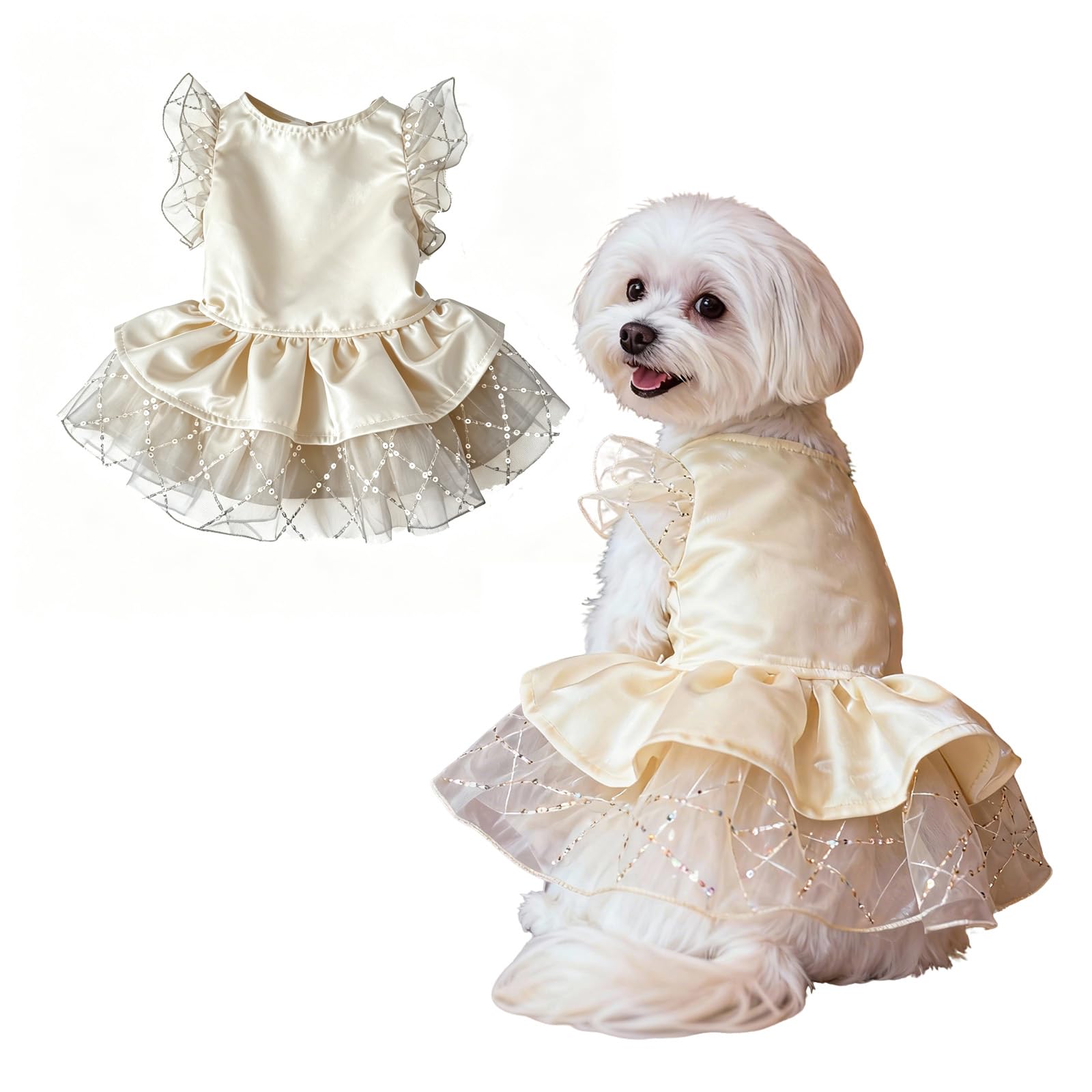Fenralomi Elegant Pet Dress for Small Medium Dogs Cats, Princess Puppy Wedding Outfit with Lace Ruffle Tutu Skirt, Luxury Party Clothes for Chihuahua Yorkie Kitten (Champagne, L)
