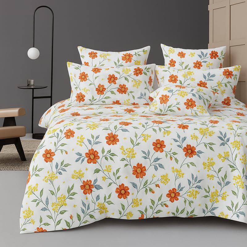 BSB HOME 300 TC Microfiber XXL Soft Cotton Super King Size Bedsheet for Double Bed, King Size 108 Inches X 108 Inches, 9 Feet, 275 X 275 cm with 2 Large Size Pillow Covers - White and Orange