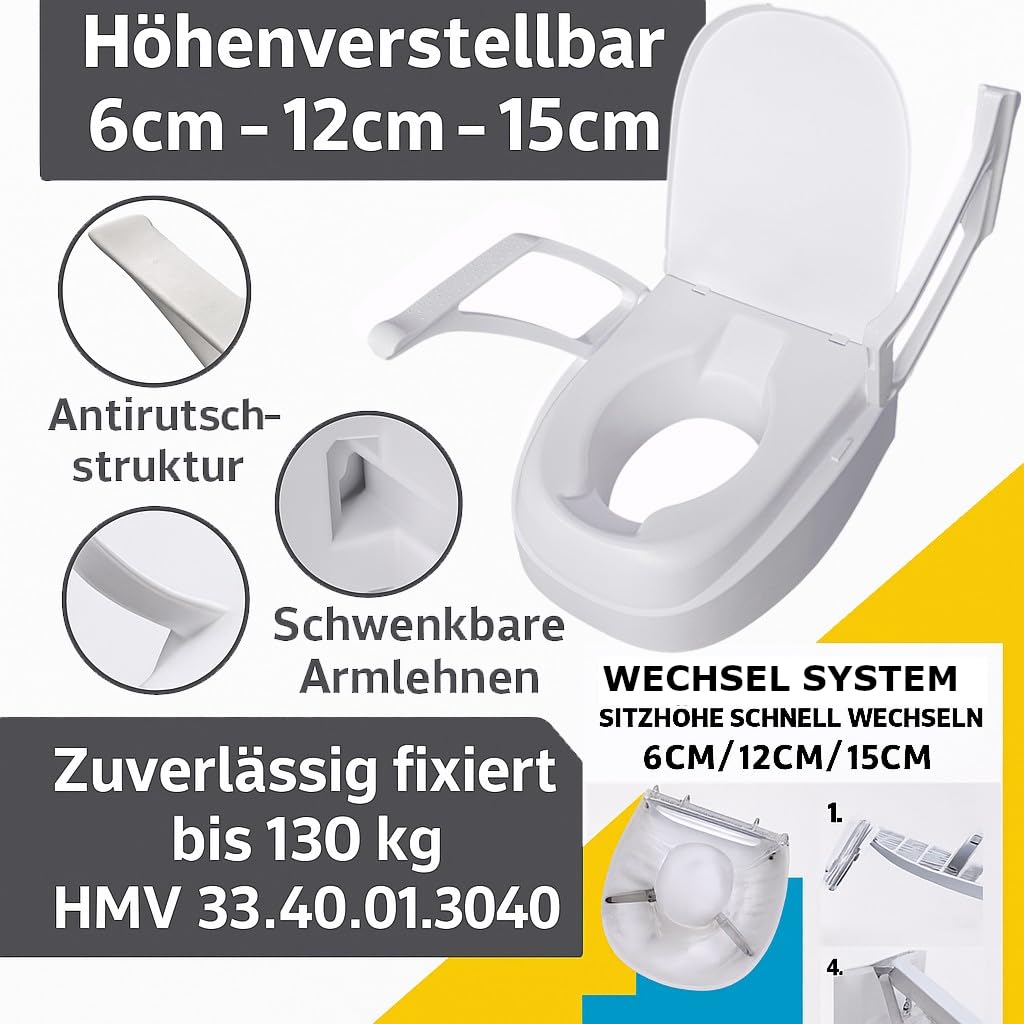 Toilettensitzerhöhung, 3-Fach höhenverstellbar von FabaCare, 15 cm mit Deckel und Armlehnen, stabile Ausführung bis 130 kg, Wechsel System 6cm,12cm, 15cm
