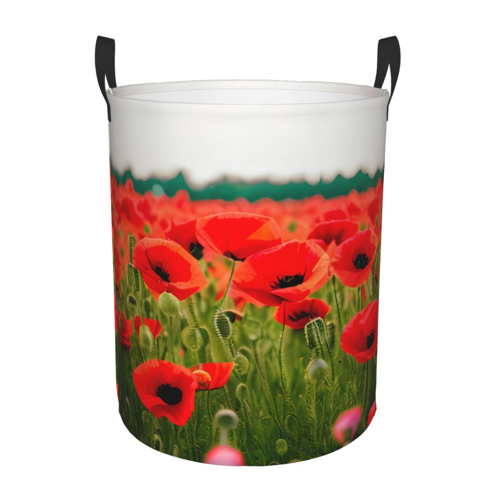 S Collapsible Laundry Hamper Round Poppy Flowers Vivid Petals Print Storage