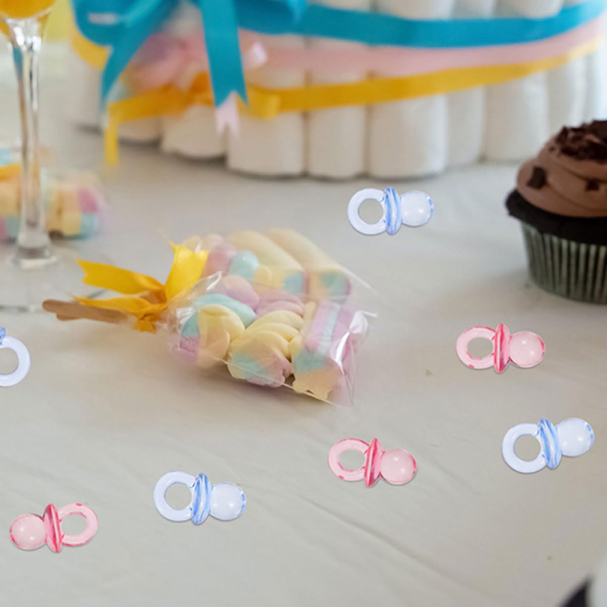 Wakauto 150pcs Small Acrylic Pacifiers Baby Shower Games Favors Pink Pacifiers for Baby Shower Decor Girl Boy