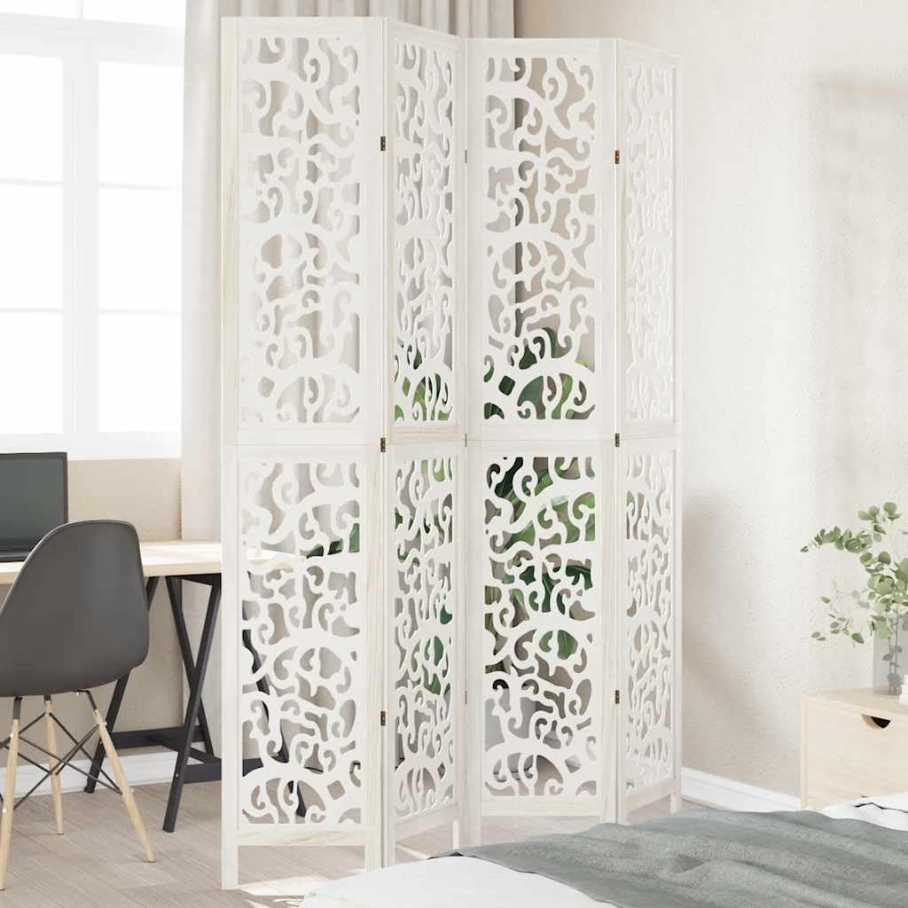 Divisorio da 4 pezzi, bianco, 140 x 220 cm, in legno massiccio, parete spagnola