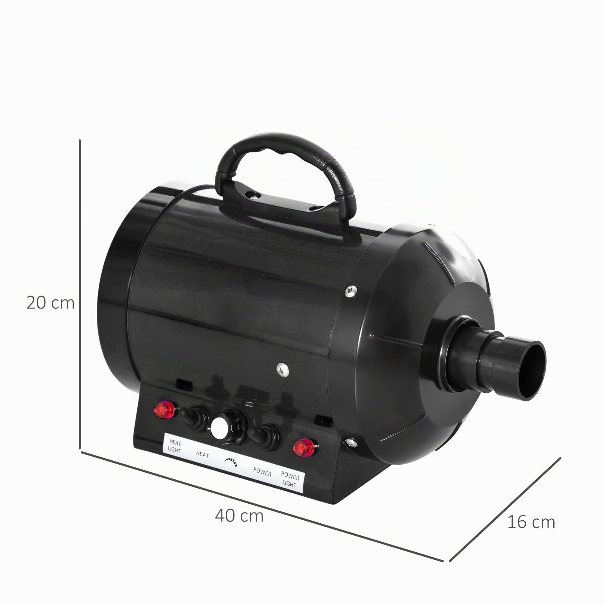 HOMCOM PawHut Secador de Pelo para Perros 2800W Secador para Mascotas con Temperatura y Velocidad del Viento Ajustable 3 Boquillas Tubo Flexible 2,1 m y Asa Portátil 40x16x20 cm Negro