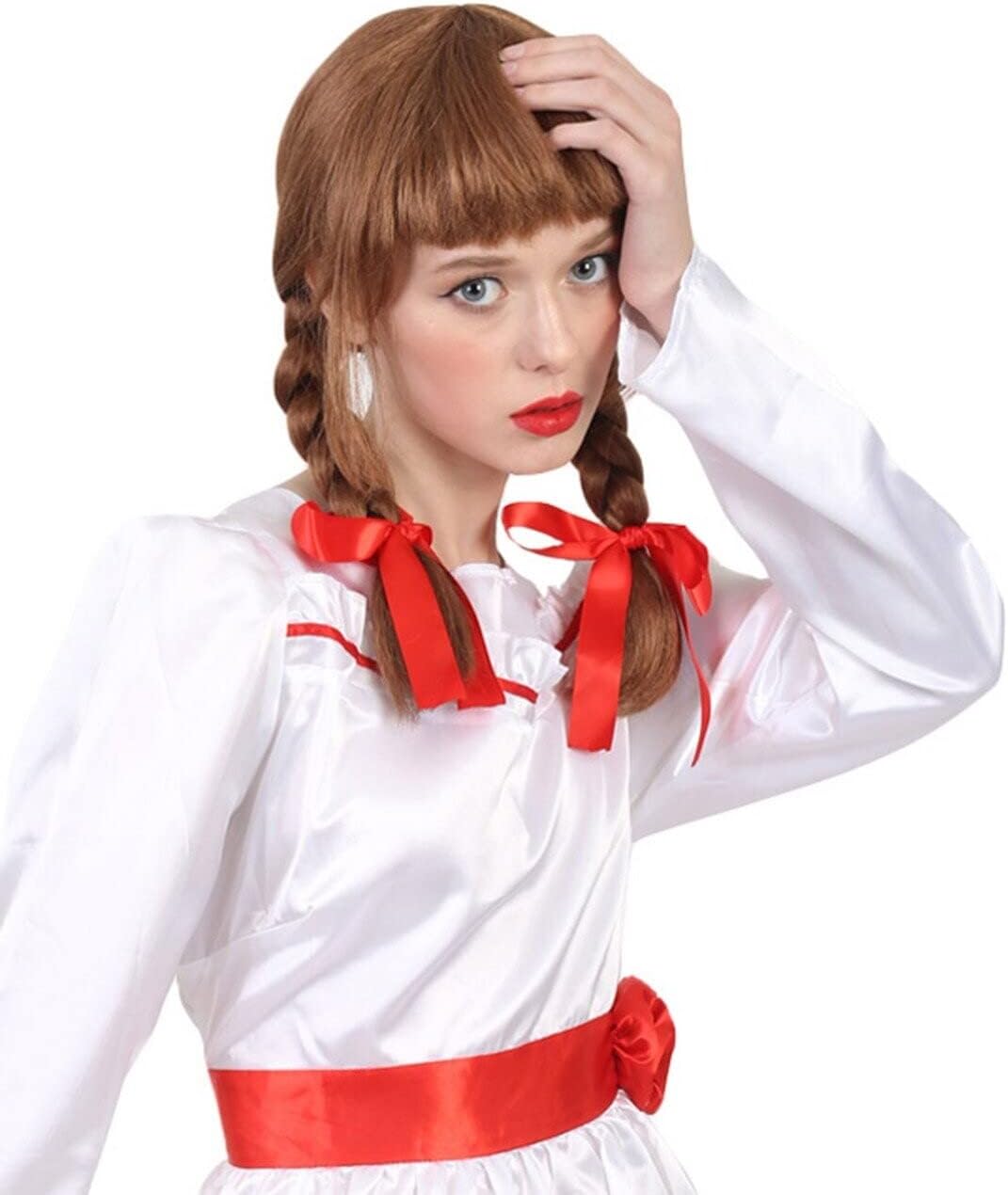 HPO Adult Women's Brown Possessed Doll Braided Pigtail Wig with Bows, Breathable Capless Cap, Flame-retardant Synthetic Fiber