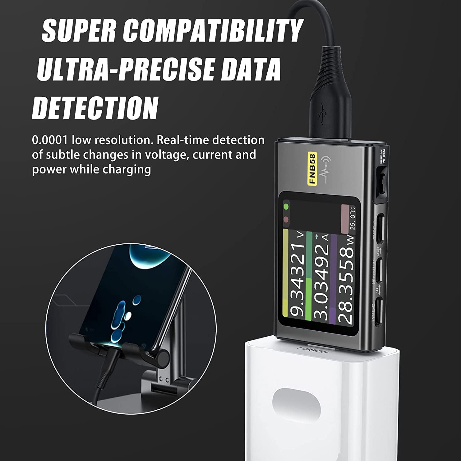 FNB58 Testeur USB, Testeur de de VoltmèTre NuméRique USB Type-C Protocole de Charge PD DéTection de DéClenchement Max 7A