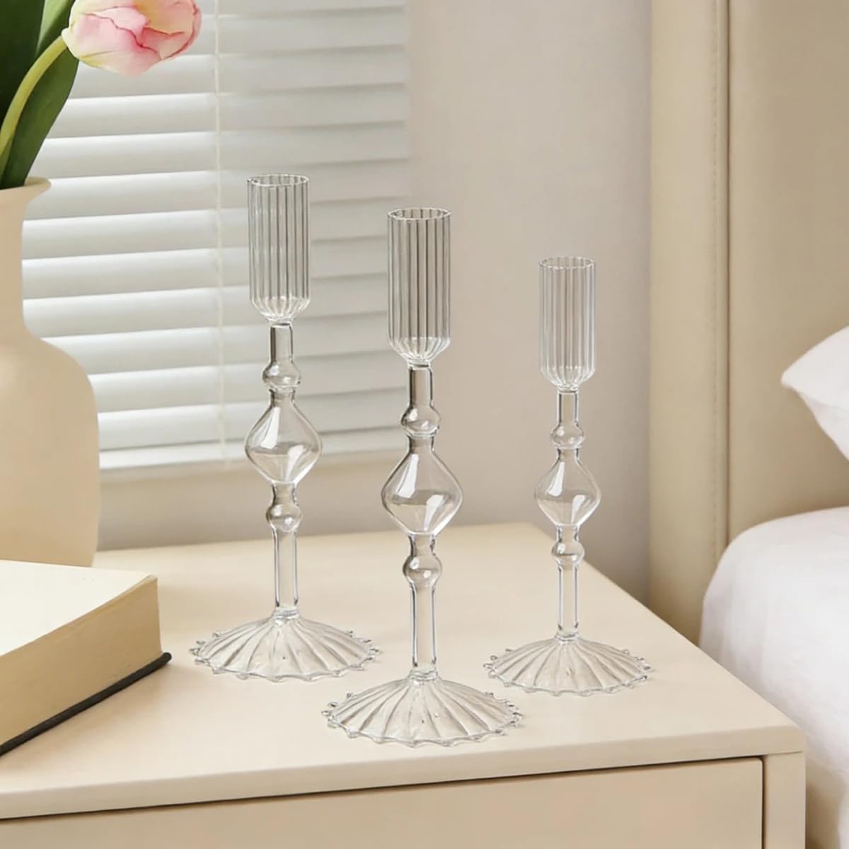 Set di 3 Eleganti portacandele a Cono, in Vetro, per centrotavola di Matrimoni, Stile D Trasparente