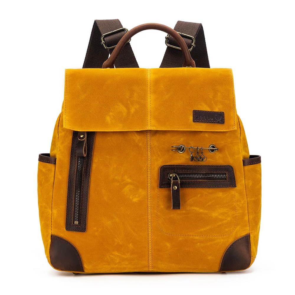 Della Q Makers Canvas Backpack-Adjustable Shoulder Straps, for Multiple Projects, Leather, Mustard, 35cm x 10cm x 24cm