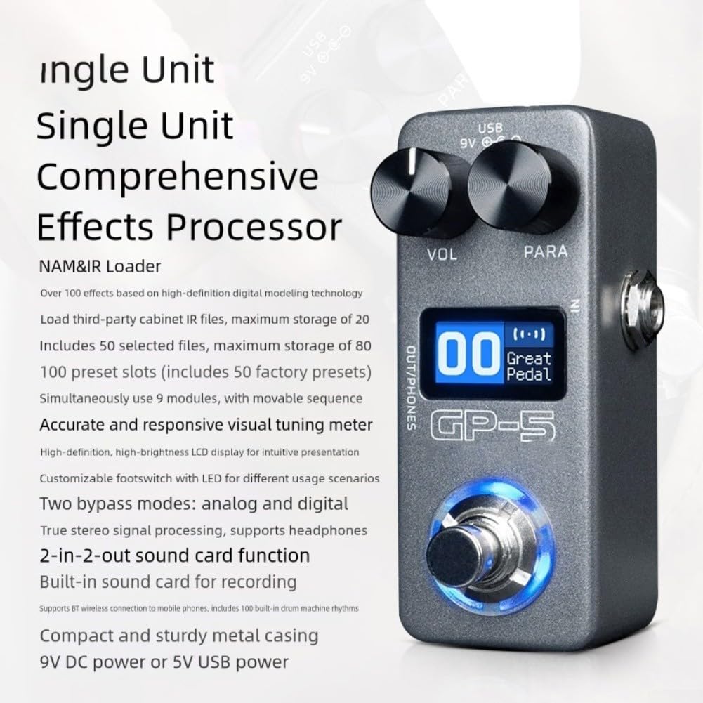 Processore Multieffetti per Chitarra Elettrica con Drum Machine, Scheda Audio Compatta ABS, Più di 100 Suoni, Trasmissione Audio Wireless, Alimentazione DC/USB, Grigio