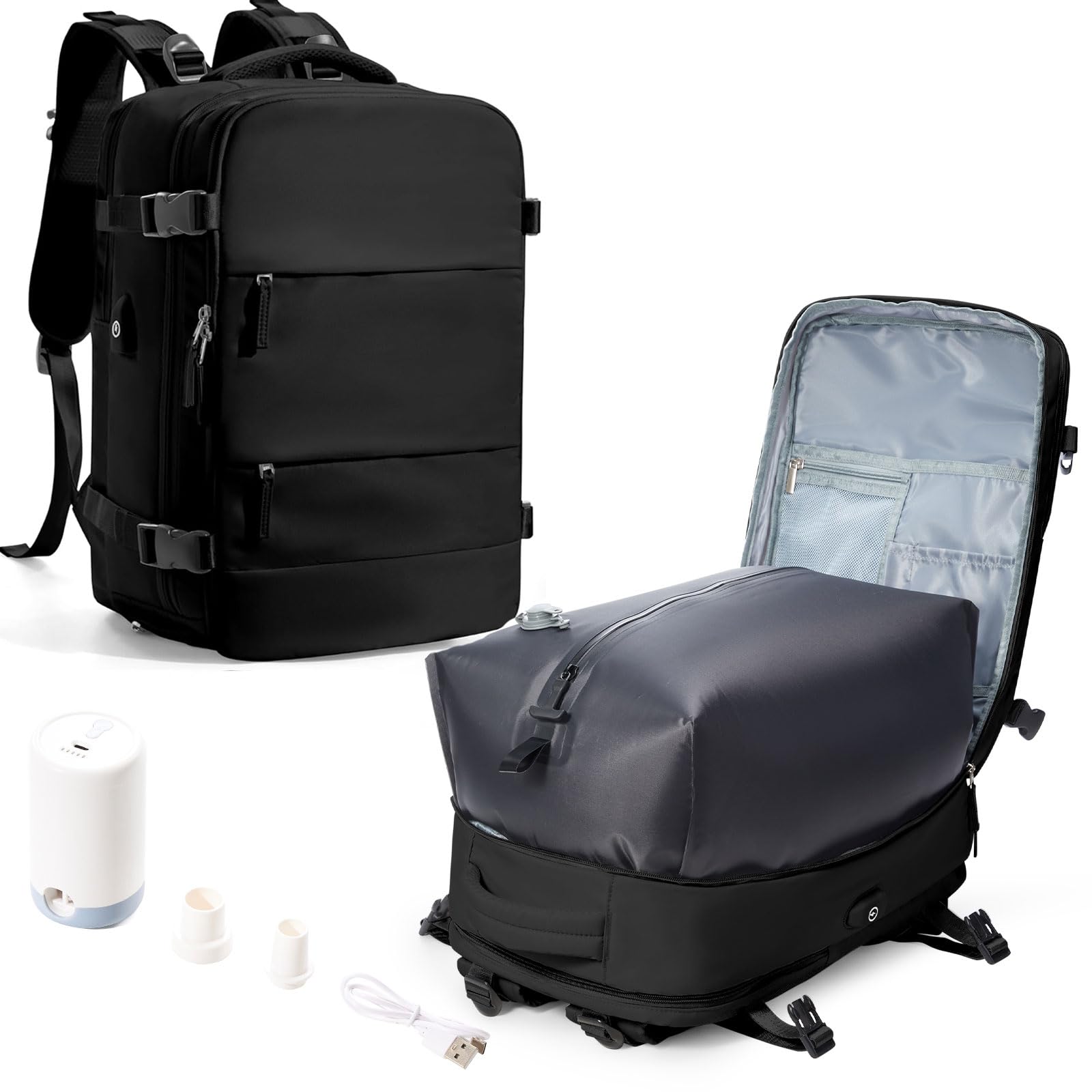 SEAFEW Vacuum Travel Backpack with Electric Pump, Waterproof Personal Item Bag, Women &amp; Men's Anti-Theft Laptop Daypack for Work Trip Gym with Wet Bag &amp; Shoe Compartment, Black