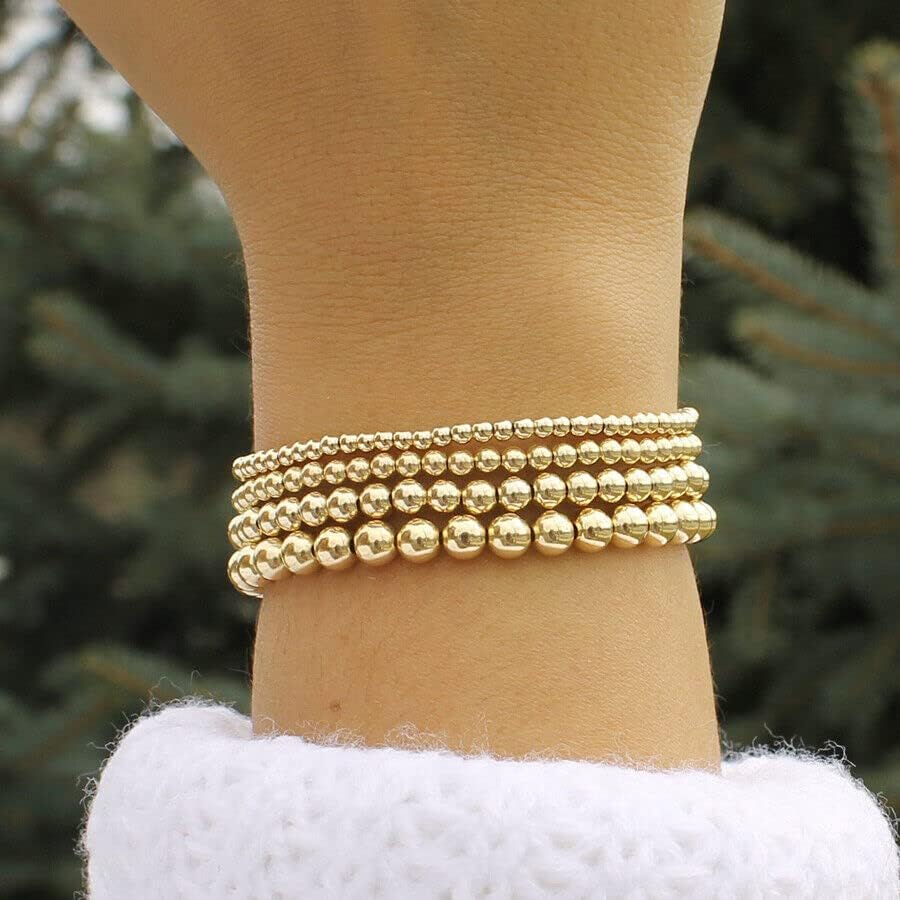 Pulseras de cuentas de cobre chapado en oro de 14 quilates para mujer, 0.157in, 0.197in, 0.236in, 0.315in, (talla 0.157in, color chapado en oro)