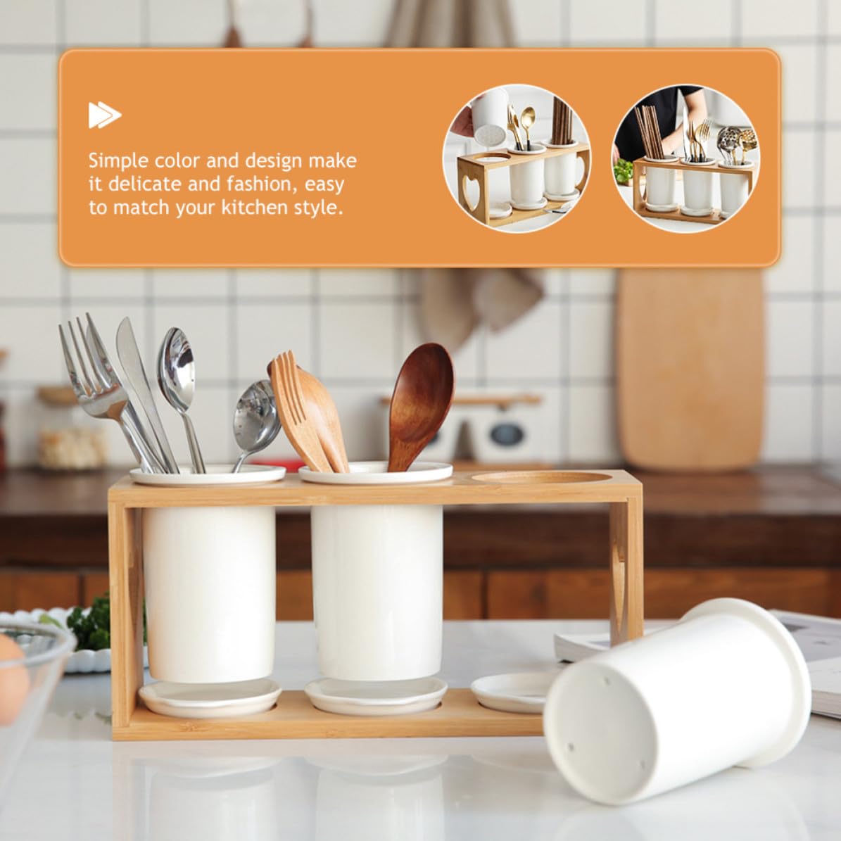 jojofuny Organisateur Cuisine en Céramique Support en Bois, 3 Compartiments Design Drainant, Porte-baguettes et Porte-couverts pour Garder Ustensiles Secs