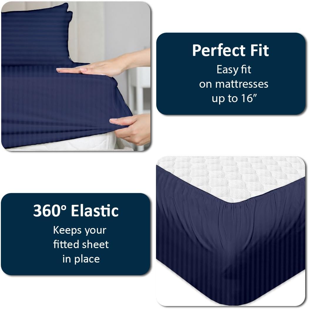 Cottingon 4 Piece Top Split King Sheets Set for Adjustable Beds, 100% Egyptian Cotton 34" Flex Head Shees for Sleep Number Bed fits 16 Inch Deep Mattress, Navy Blue Stripe