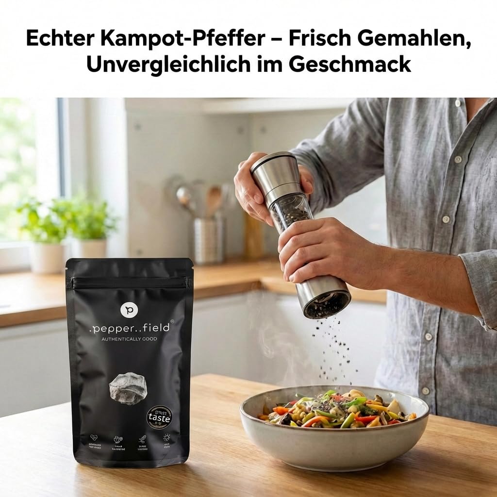Pepper Field Kampot Pepper Black - Granos de pimienta enteros de Camboya, frescos y sabrosos, granos de pimienta enteros para moler y cocinar, excelente sabor, ideal para cocinar y asar, 250g
