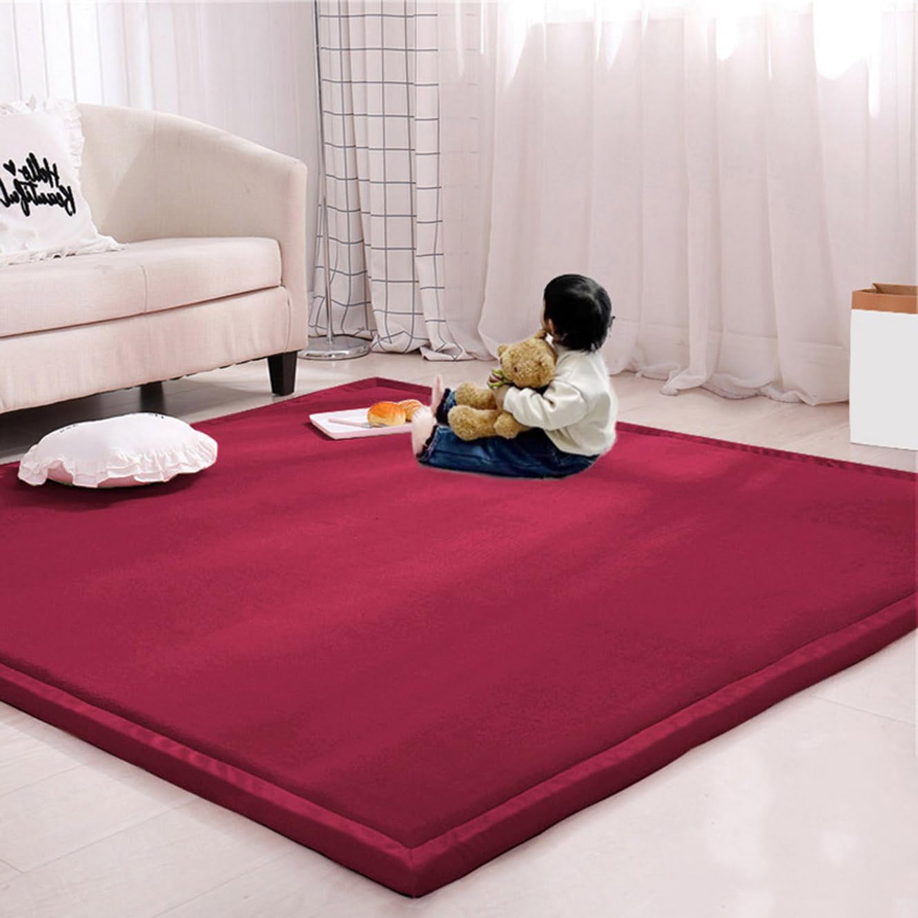 Rr tianshi Large Area Rug Crawling Play Mat,Soft Coral Velvet Children Study Carpet Play Mat Non-slip Tatami Yoga Mat for Living Room Bedroom (100 * 200cm,Red) — image 1