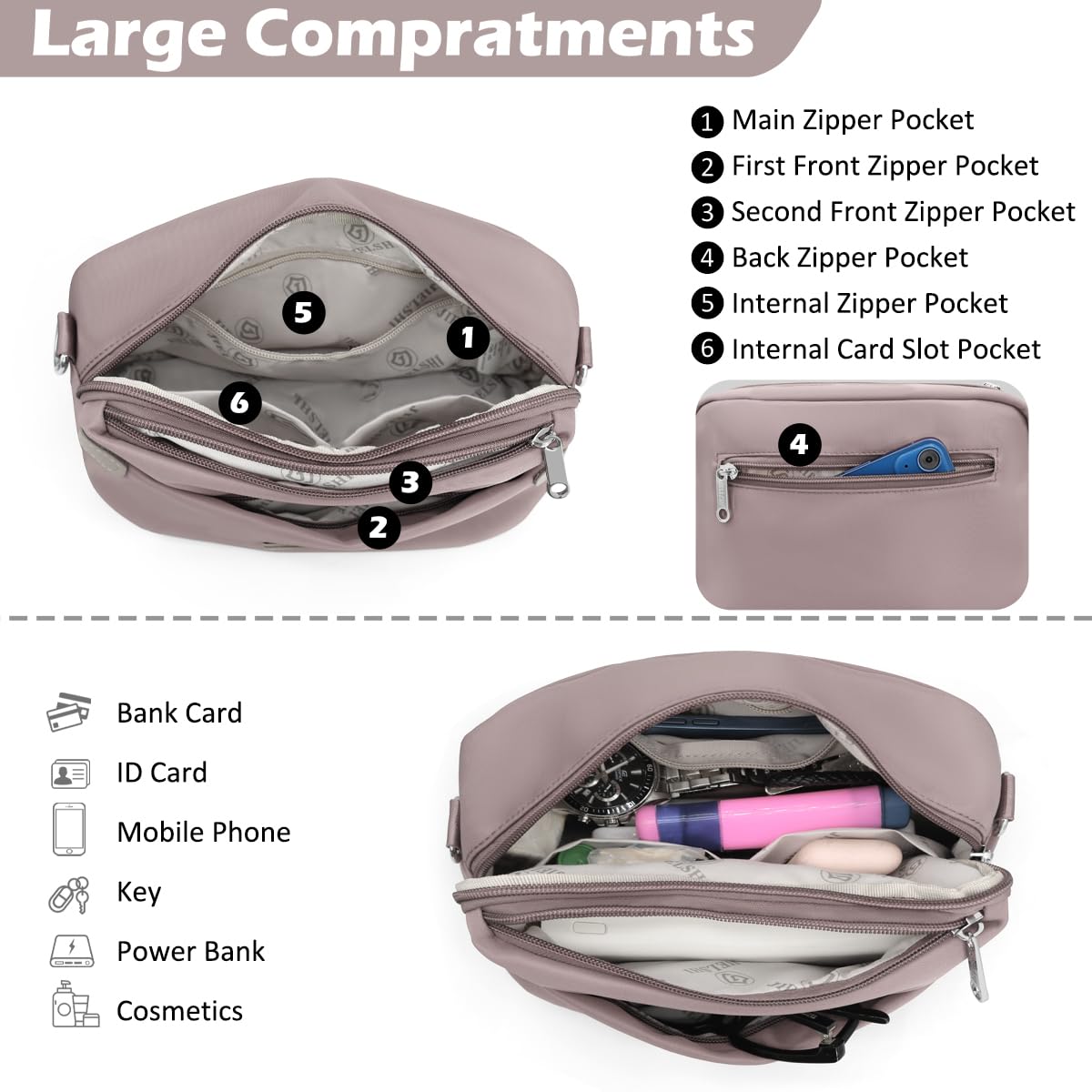 REETEE Sac Bandoulière Femme Impermeable Nylon Sacoche Femme Bandoulière Petit Sac a Main Femmes Bandoulieres avec Large Bandoulieres Amovible et Réglable