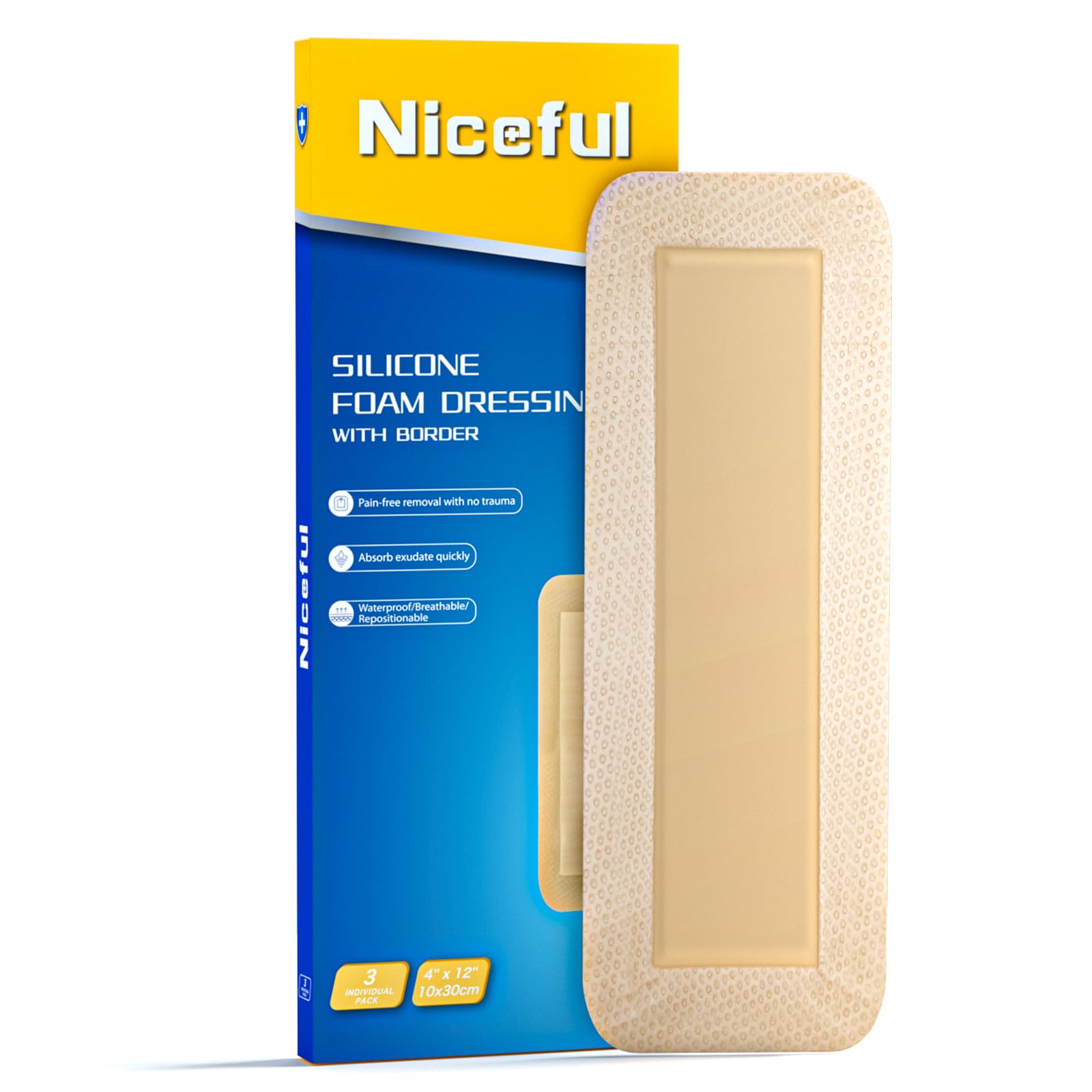 Niceful Ultra Soft Silicone Foam Dressing 4" x 12" - Large Bandages for Wounds, Highly Absorbent Waterproof Bandages for Bed Sores, Leg Ulcers, Knee
