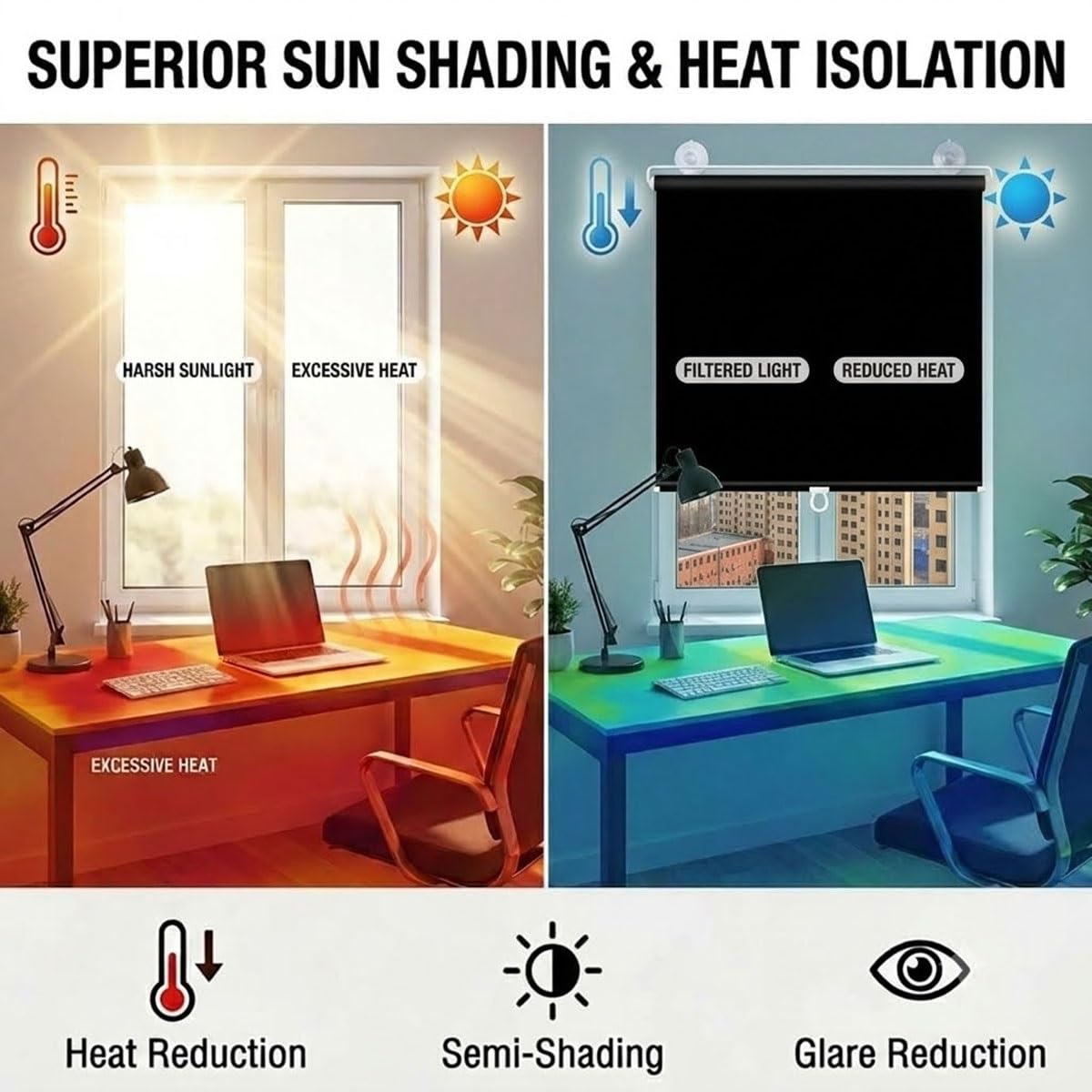 Estores enrollables con ventosas, Persiana Enrollable Sin Taladrar, Negro | Cortina opaca reflectante, Estor Térmico para Ventanas, aislamiento térmico y protección solar, retráctiles(W75 x H190cm)
